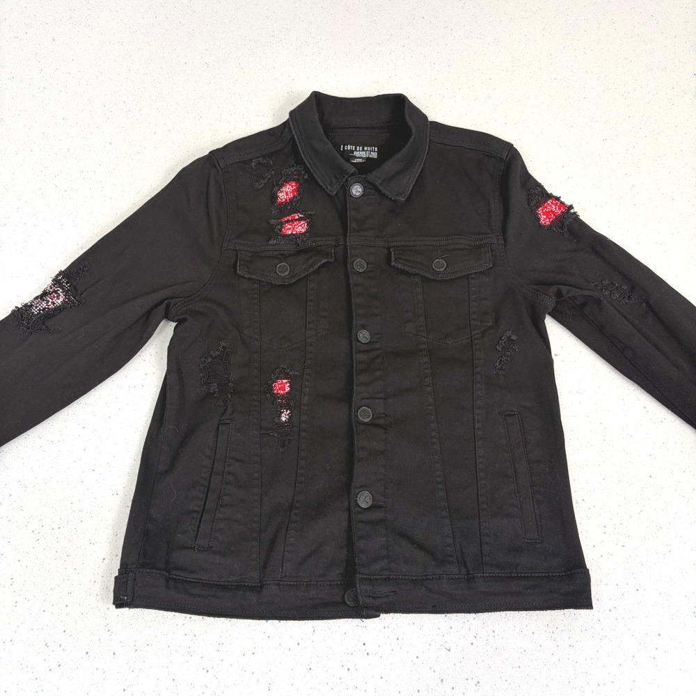 Distressed Black Denim Trucker Jacket "Guerre Et Paix" Red Underlay Grunge L - Picture 2 of 13
